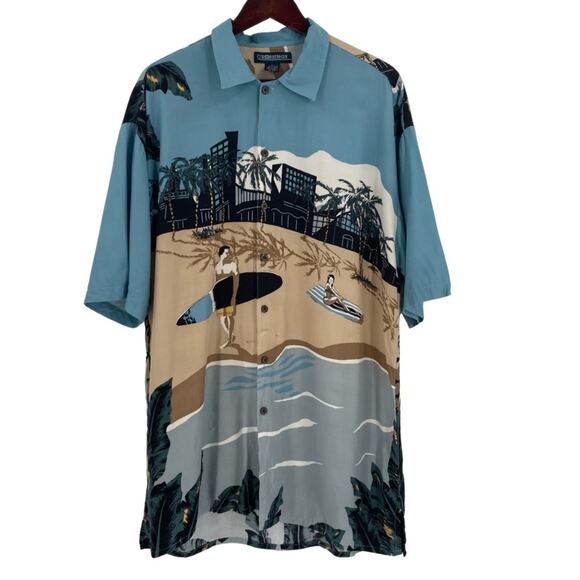 Blue brown Hawaiian shirt beach scene size large - Picture 1 of 10